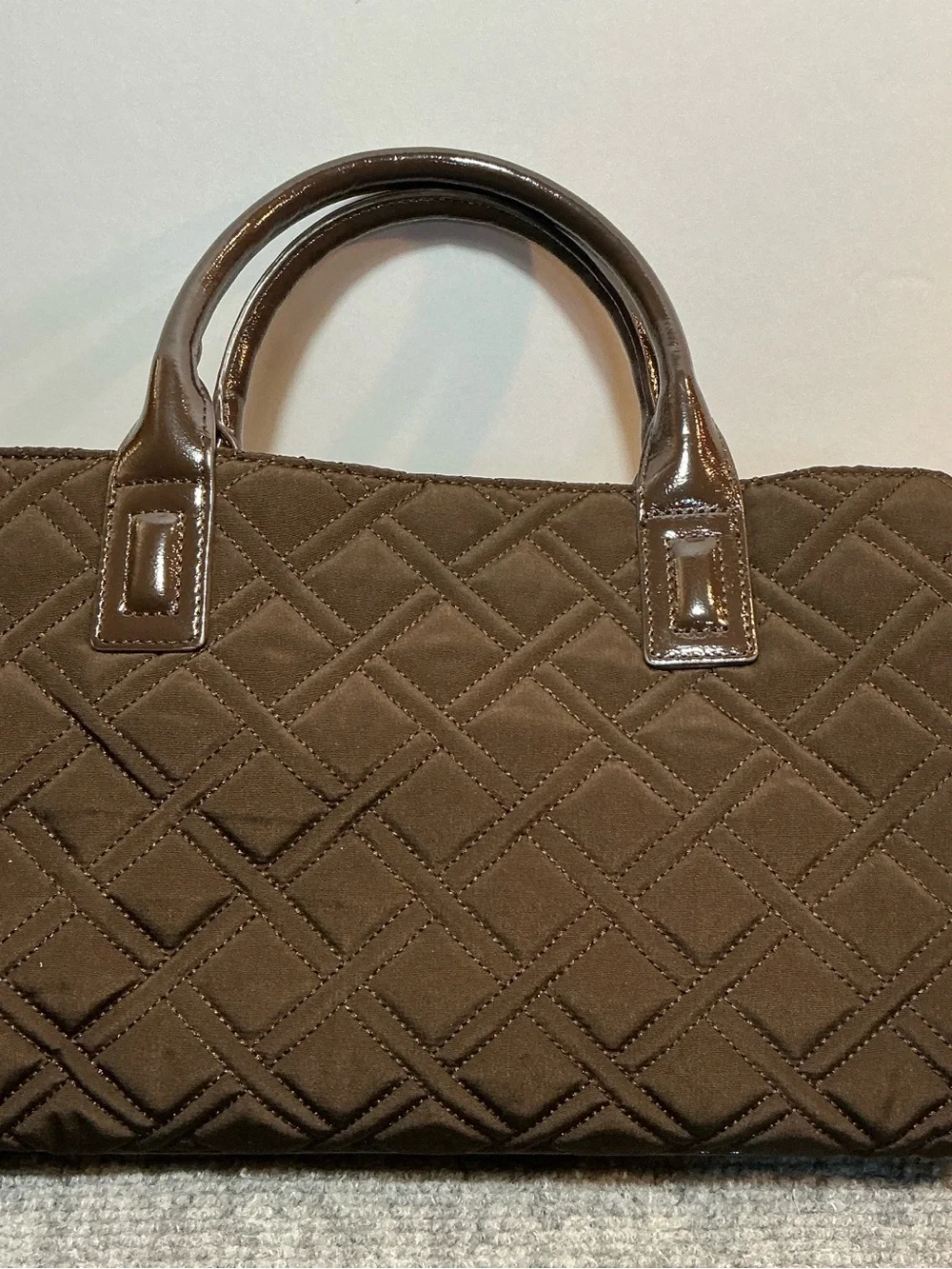 Vera Bradley Quilted Satchel in Dark Brown with Patent Handles